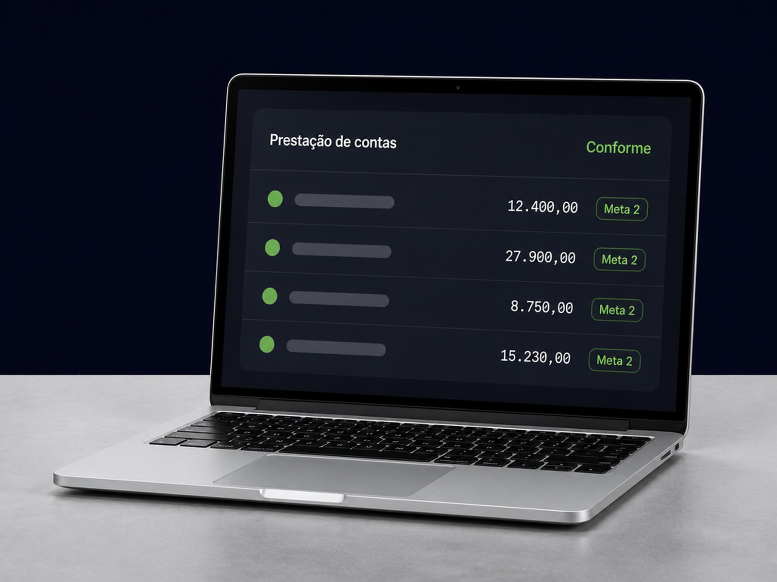 A plataforma PROJETE aberta em um notebook, mostrando despesas com status e vínculo com a meta